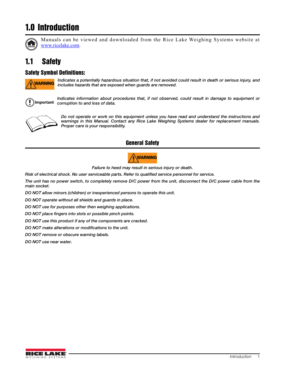 0 introduction, 1 safety, Introduction | Rice Lake Signal Conditioning Transmitter/Indicators User Manual | Page 5 / 70