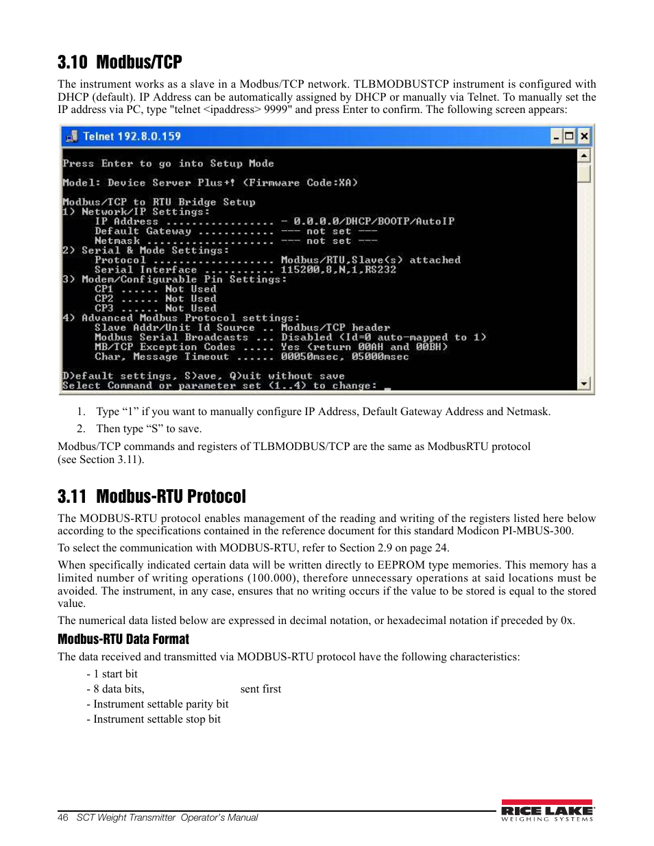 10 modbus/tcp, 11 modbus-rtu protocol, 10 modbus/tcp 3.11 modbus-rtu protocol | Section 3.11) | Rice Lake Signal Conditioning Transmitter/Indicators User Manual | Page 50 / 70