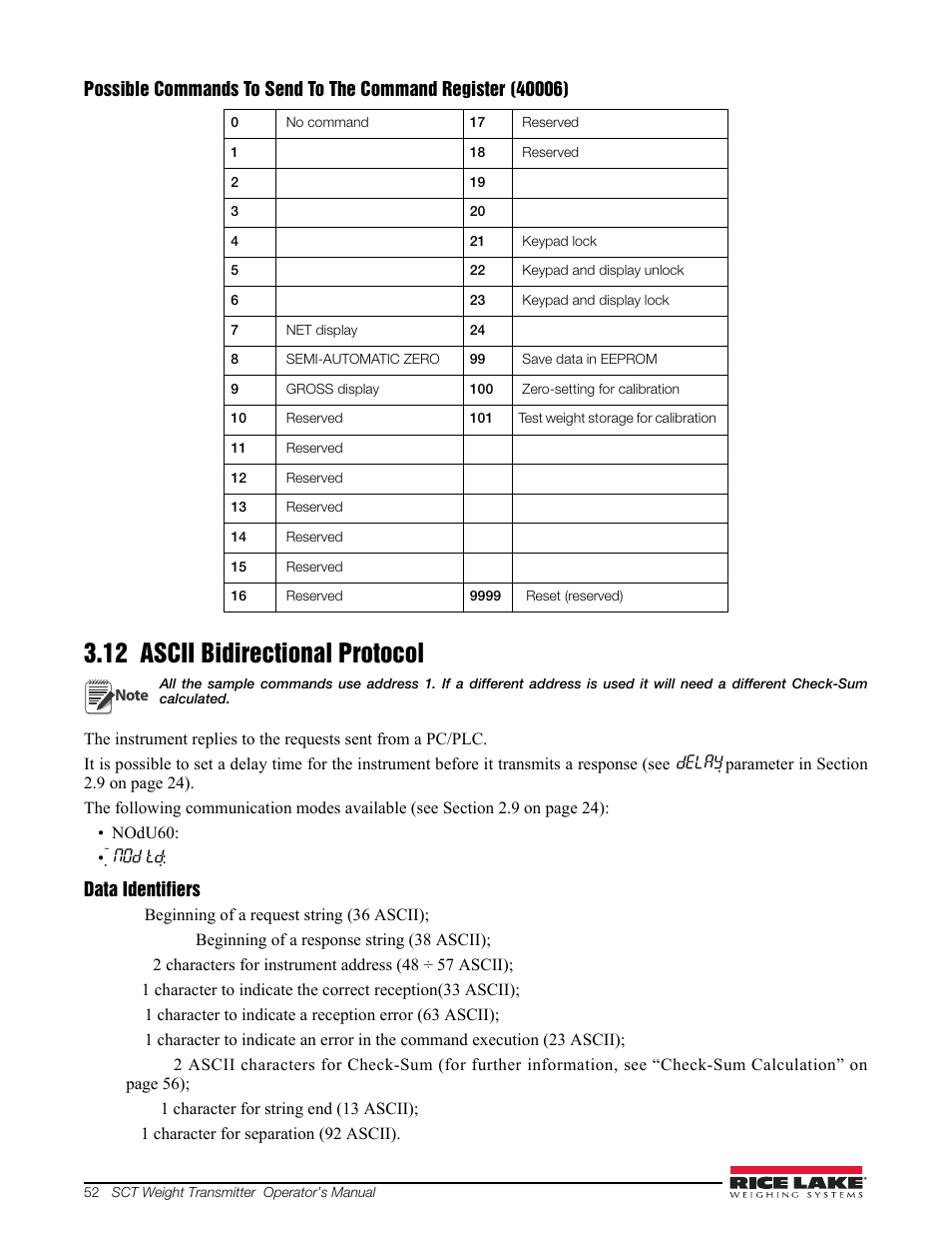 12 ascii bidirectional protocol, See section 3.12), Section 3.12) | Rice Lake Signal Conditioning Transmitter/Indicators User Manual | Page 56 / 70