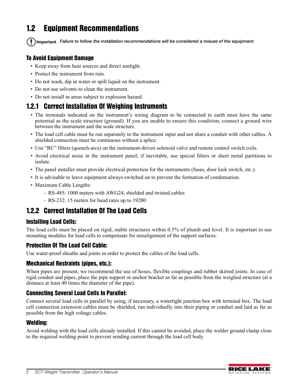 2 equipment recommendations, 1 correct installation of weighing instruments, 2 correct installation of the load cells | Rice Lake Signal Conditioning Transmitter/Indicators User Manual | Page 6 / 70