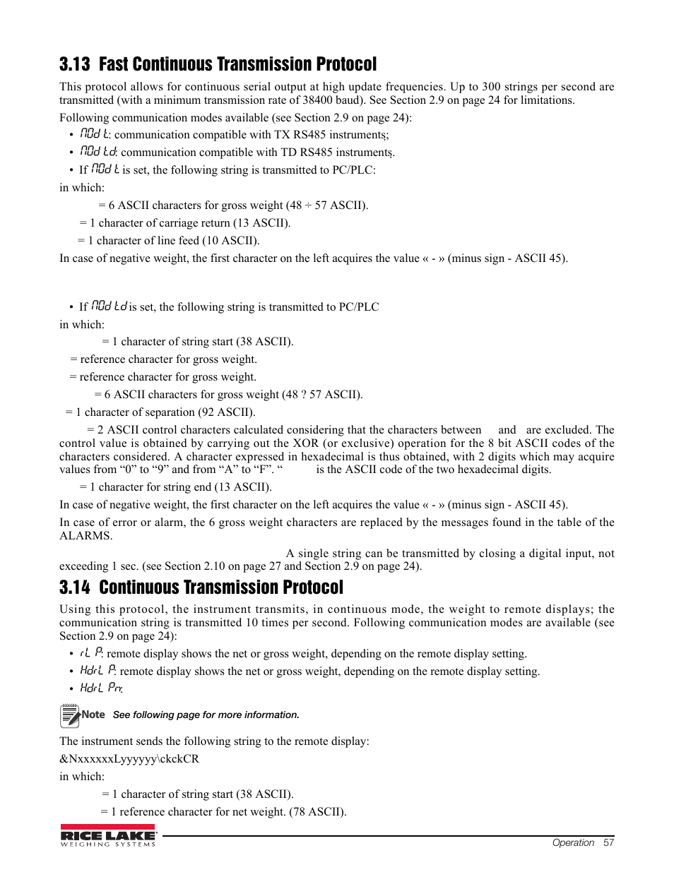 13 fast continuous transmission protocol, 14 continuous transmission protocol, Ee section 3.13) | See section 3.14), Otocol (see section 3.13, Section 3.14), Section 3.14) (set: baud, Otocol (see section 3.14 | Rice Lake Signal Conditioning Transmitter/Indicators User Manual | Page 61 / 70