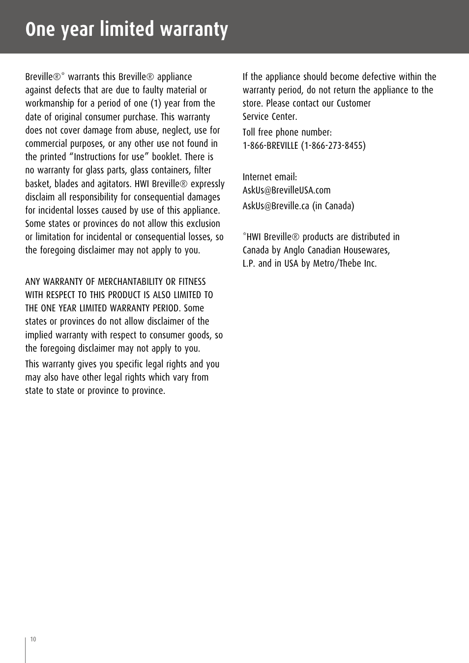 One year limited warranty | Breville CT70XL/A User Manual | Page 11 / 36