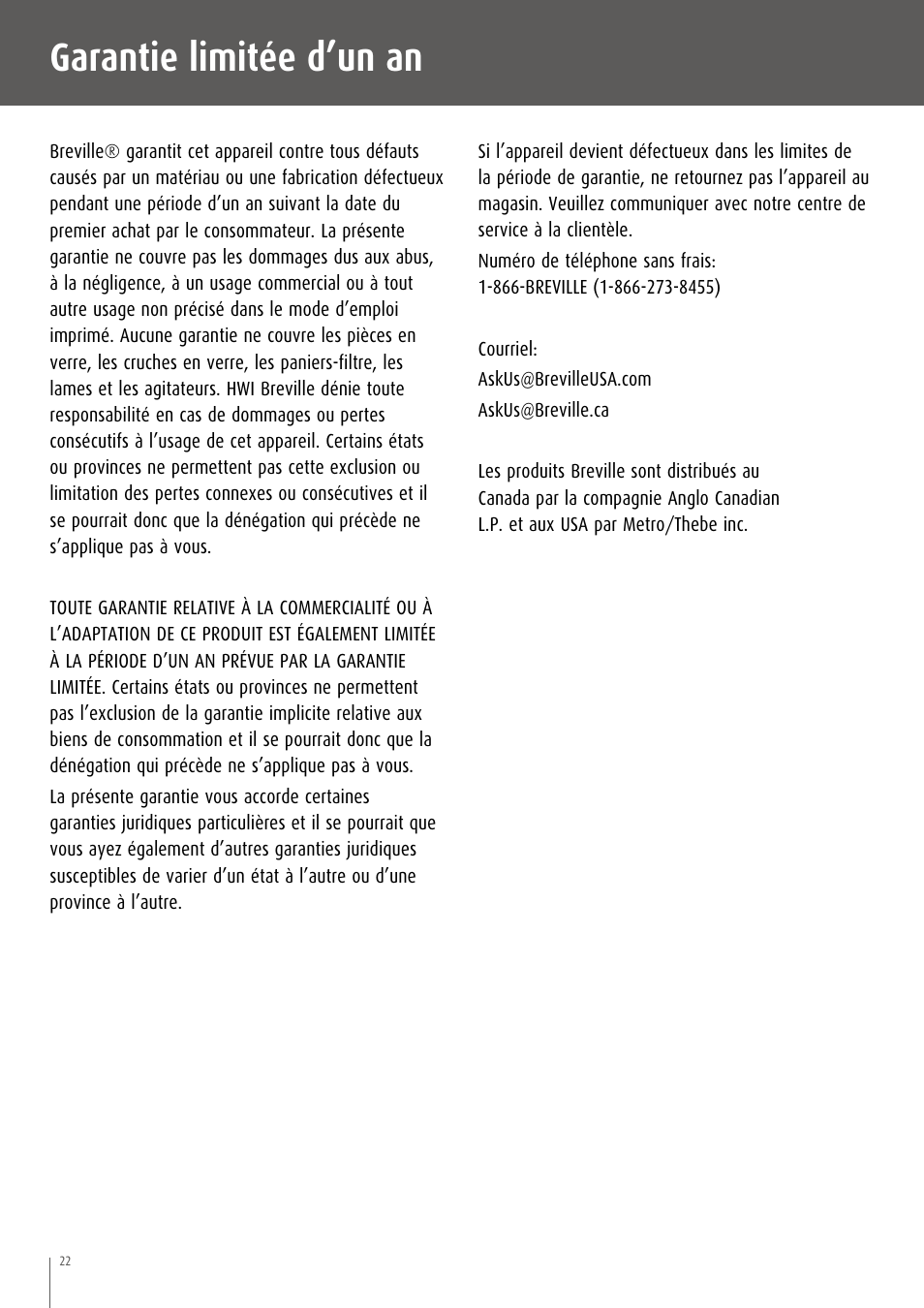Garantie limitée d’un an | Breville CT70XL/A User Manual | Page 23 / 36