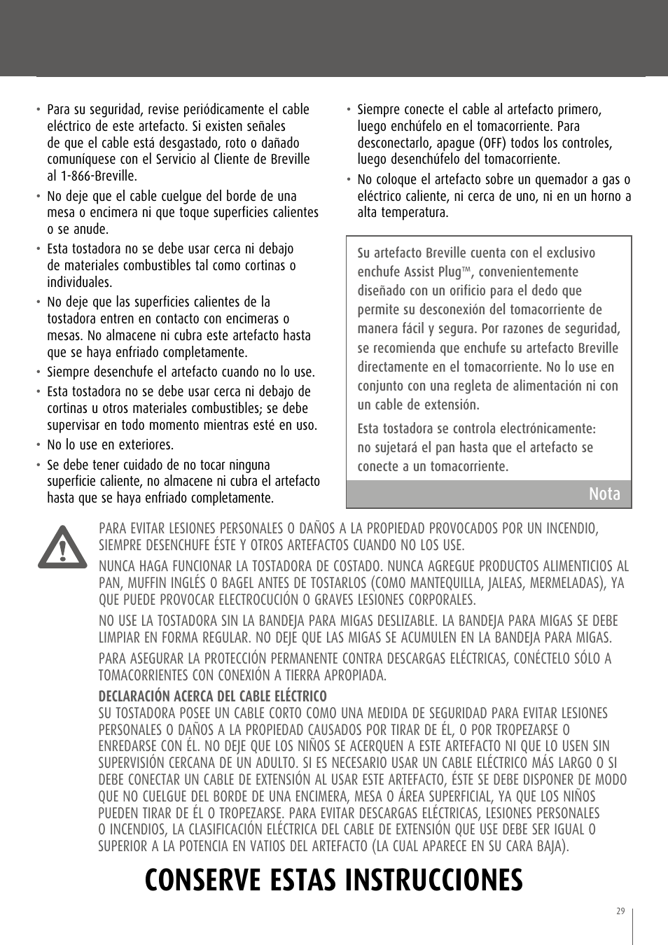 Conserve estas instrucciones, Nota | Breville CT70XL/A User Manual | Page 30 / 36