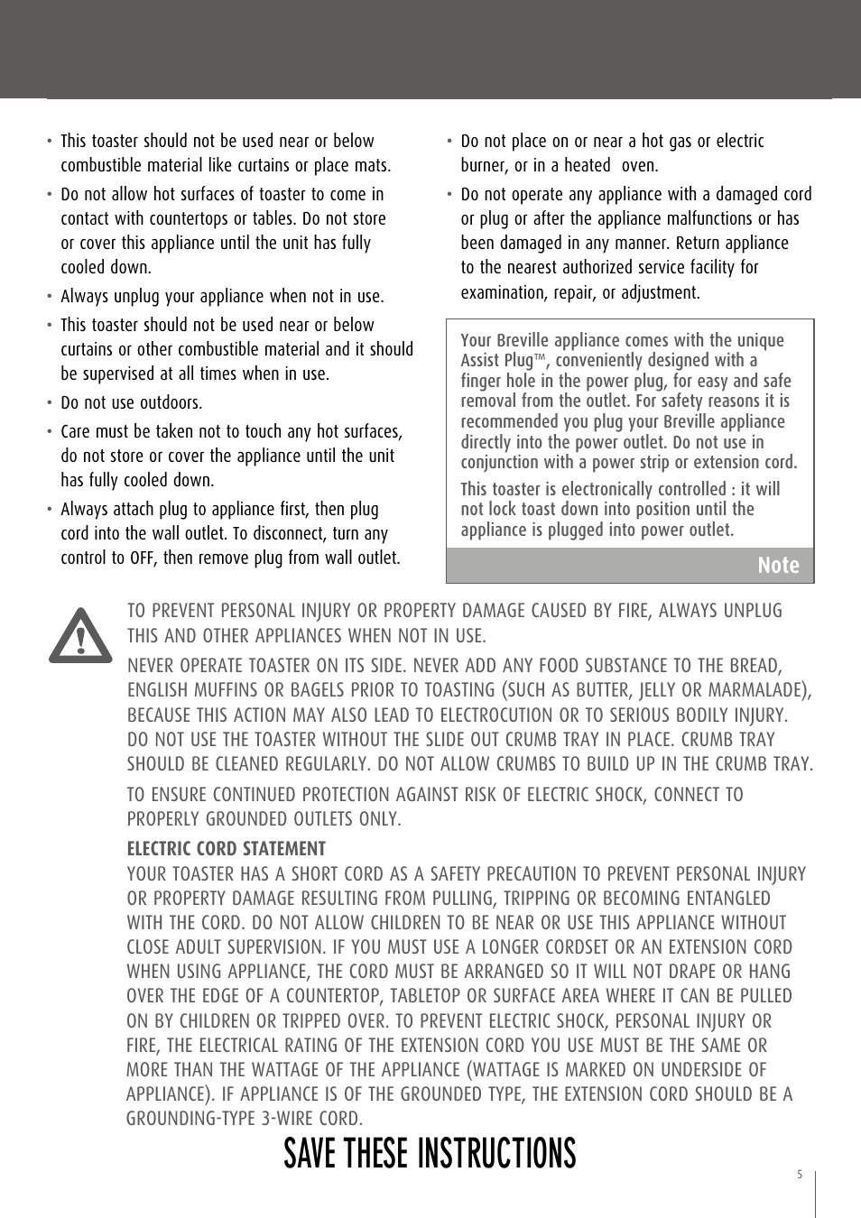 Save these instructions | Breville CT70XL/A User Manual | Page 6 / 36