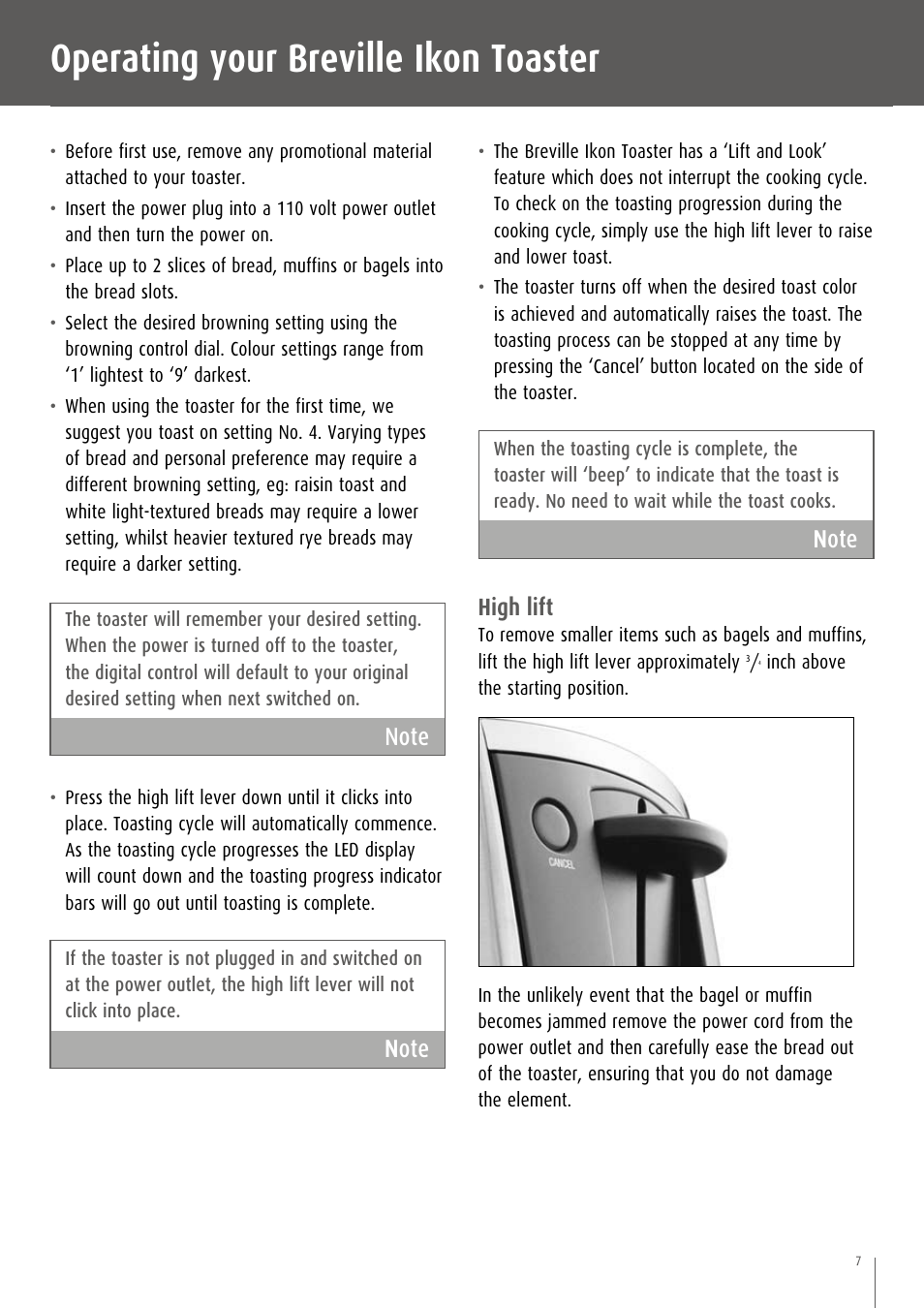 Operating your breville ikon toaster, N ote, High lift | Breville CT70XL/A User Manual | Page 8 / 36
