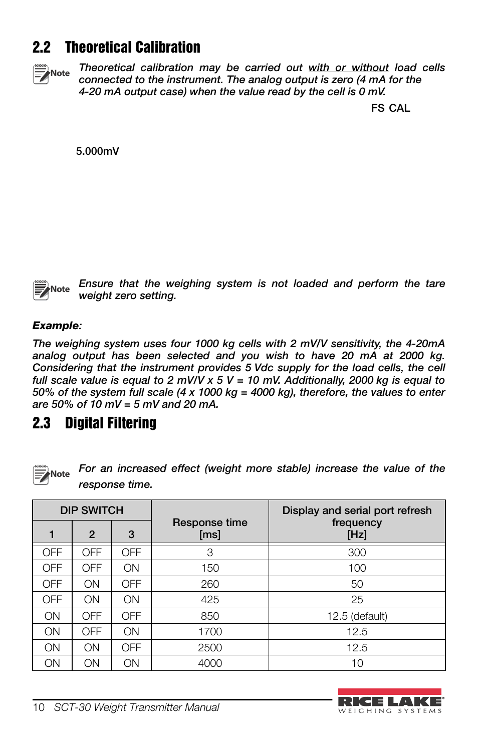 2 theoretical calibration, 3 digital filtering, 2 theoretical calibration 2.3 digital filtering | Rice Lake SCT-30 User Manual | Page 14 / 24