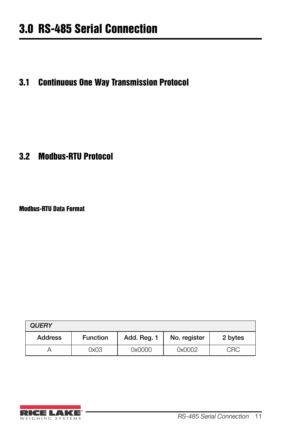 0 rs-485 serial connection, 1 continuous one way transmission protocol, 2 modbus-rtu protocol | Rs-485 serial connection | Rice Lake SCT-30 User Manual | Page 15 / 24