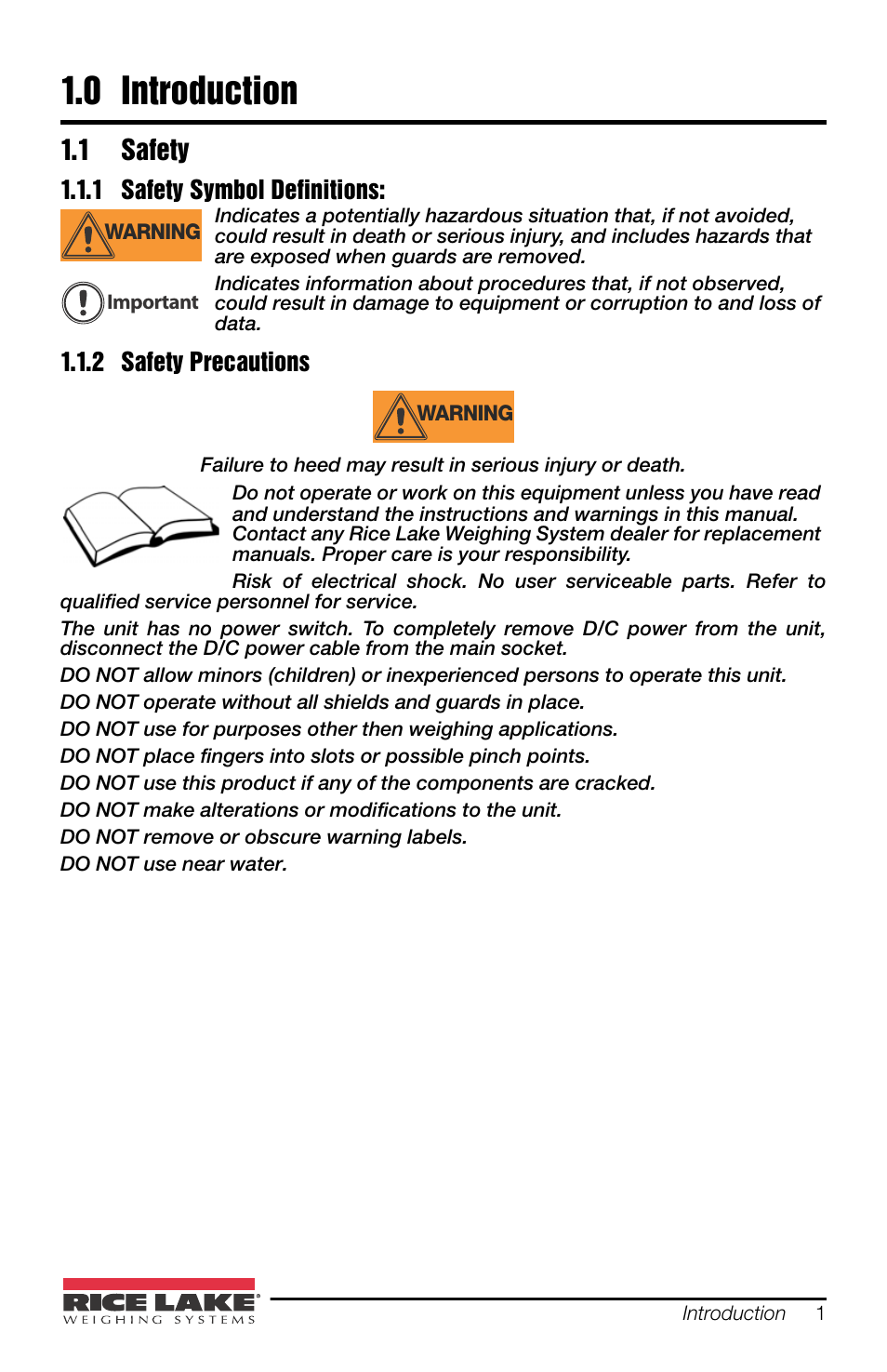 0 introduction, 1 safety, Introduction | Rice Lake SCT-30 User Manual | Page 5 / 24