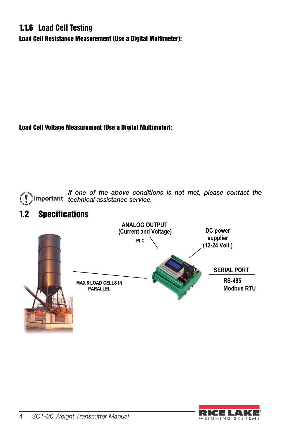 2 specifications, 6 load cell testing | Rice Lake SCT-30 User Manual | Page 8 / 24