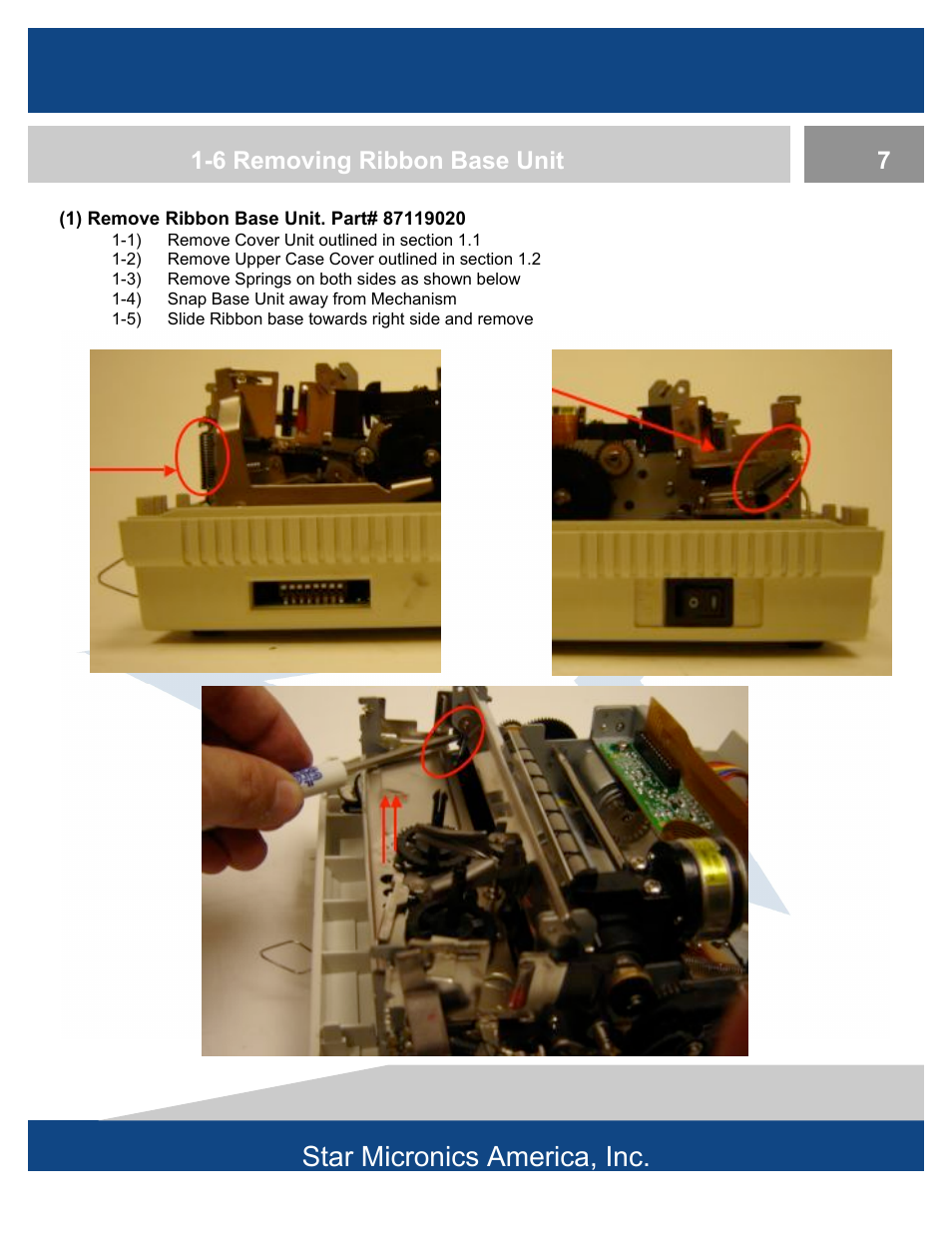 Star micronics america, inc, 6 removing ribbon base unit 7 | Rice Lake Star DP8340 Dot Matrix - Service Manual User Manual | Page 11 / 21