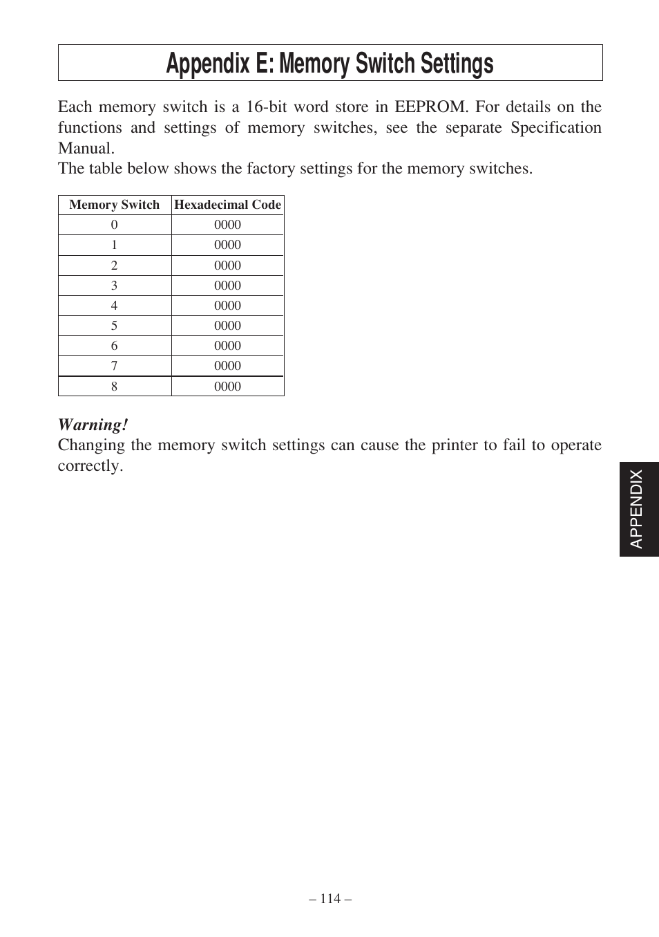 Appendix e: memory switch settings | Rice Lake Star SP700 User Manual | Page 117 / 124