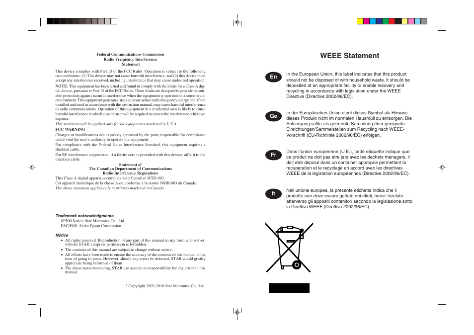 Weee statement, En ge fr it | Rice Lake Star SP700 User Manual | Page 123 / 124