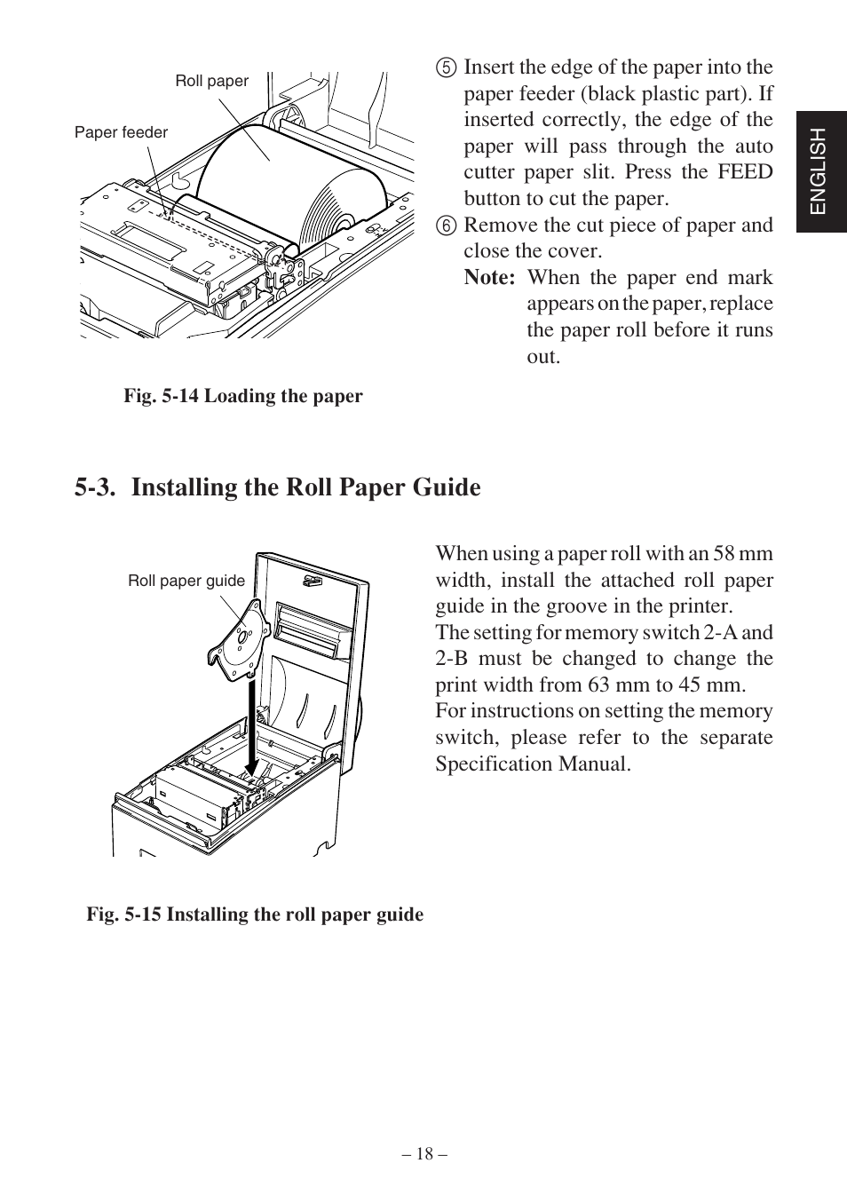 3. installing the roll paper guide, English, Fig. 5-14 loading the paper | Fig. 5-15 installing the roll paper guide, Roll paper paper feeder, Roll paper guide | Rice Lake Star SP700 User Manual | Page 21 / 124