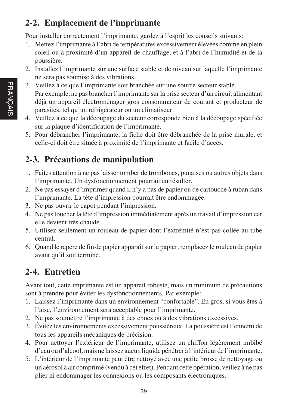 2. emplacement de l’imprimante, 3. précautions de manipulation, 4. entretien | Rice Lake Star SP700 User Manual | Page 32 / 124