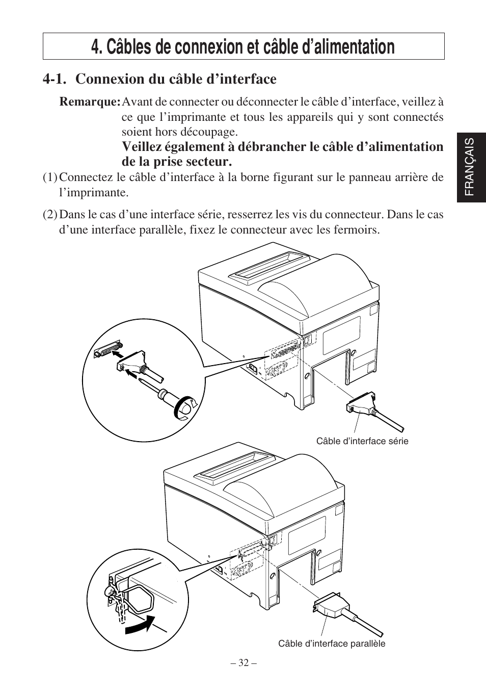 Câbles de connexion et câble d’alimentation, 1. connexion du câble d’interface | Rice Lake Star SP700 User Manual | Page 35 / 124