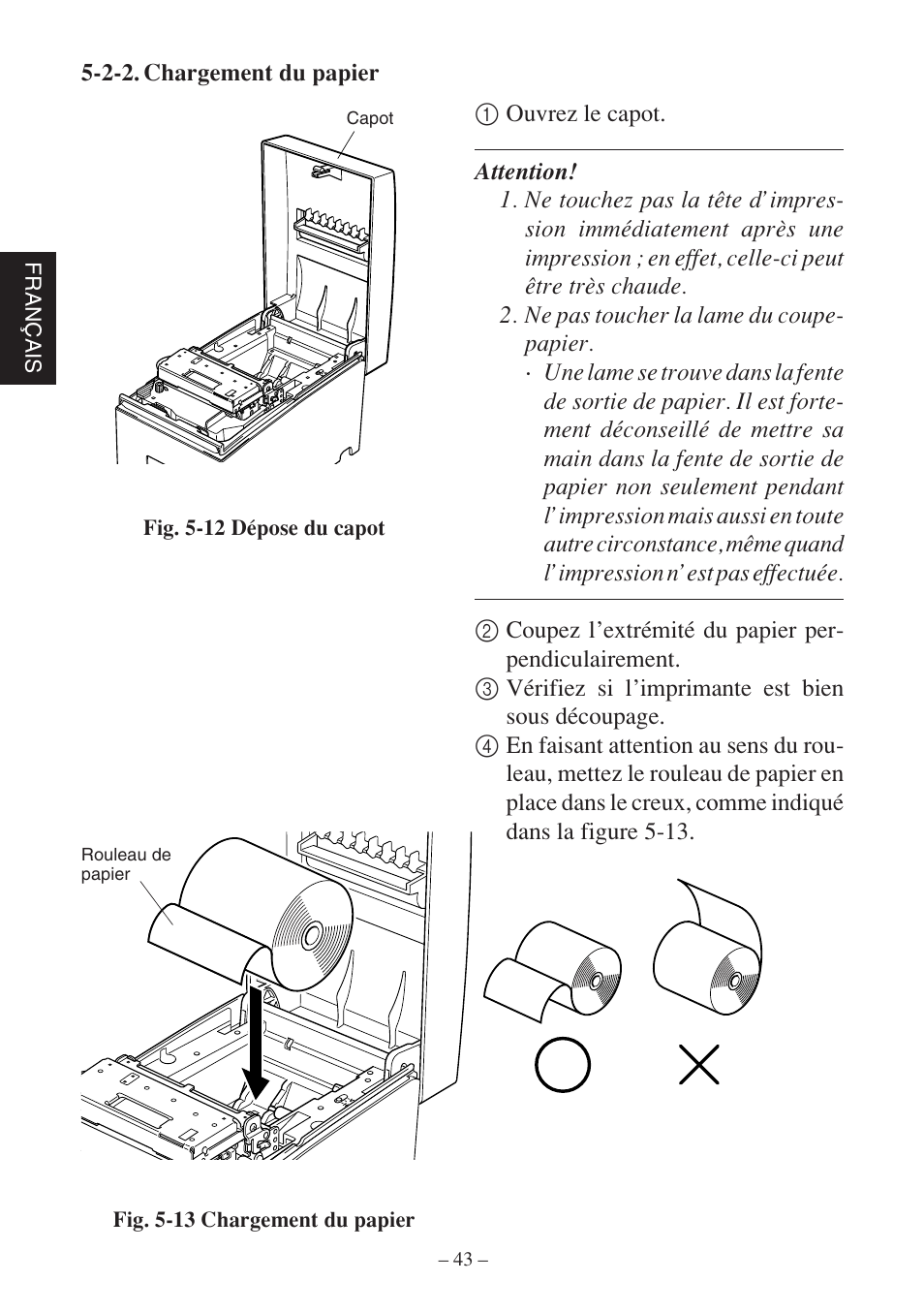 Fran ç ais, Fig. 5-12 dépose du capot, Fig. 5-13 chargement du papier | Rice Lake Star SP700 User Manual | Page 46 / 124