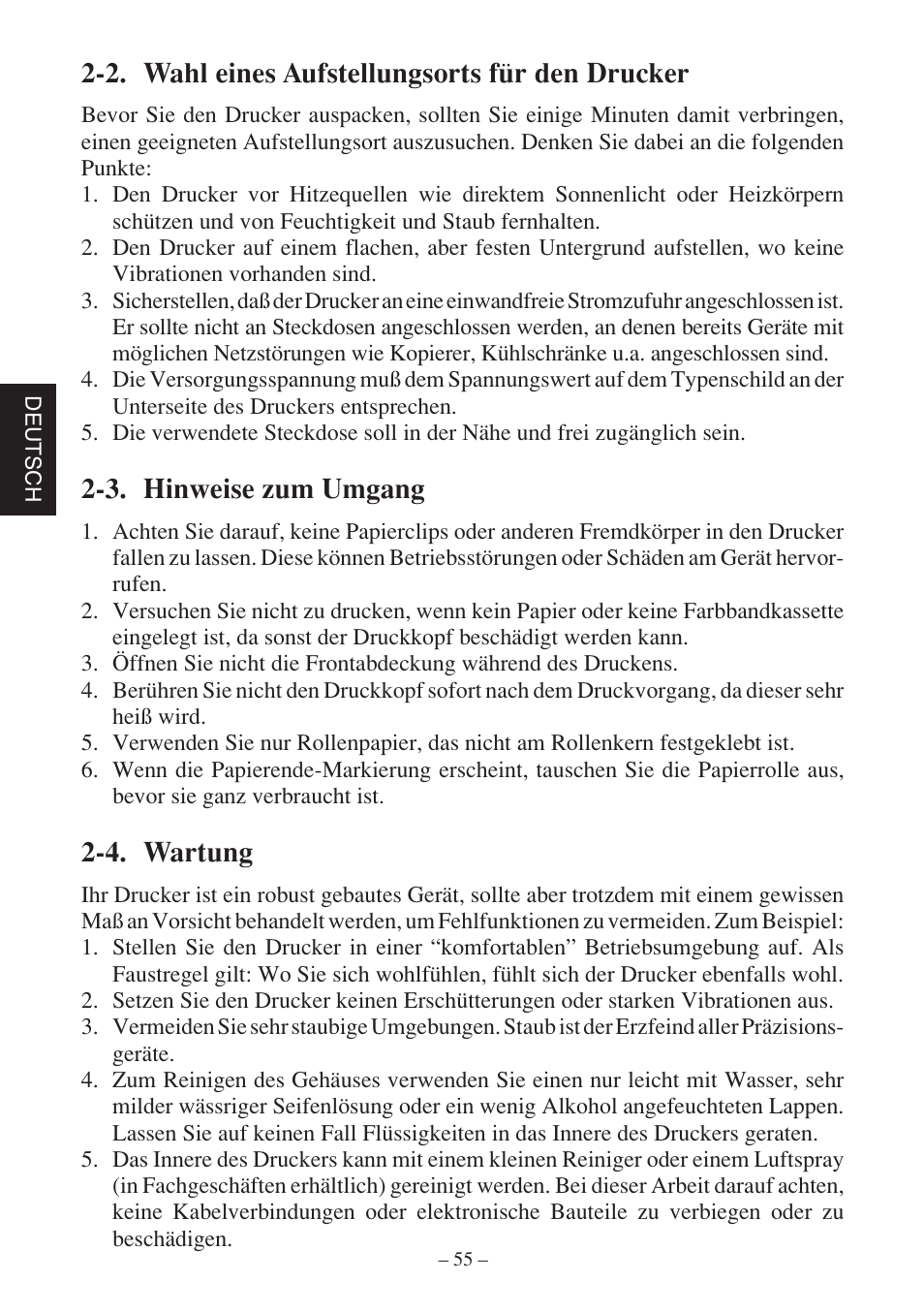 2. wahl eines aufstellungsorts für den drucker, 3. hinweise zum umgang, 4. wartung | Rice Lake Star SP700 User Manual | Page 58 / 124