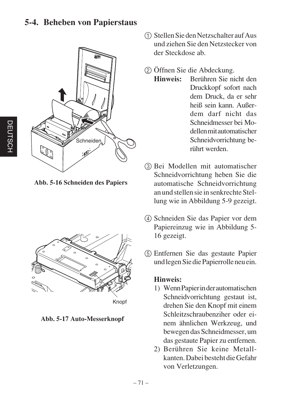 4. beheben von papierstaus, Deutsch | Rice Lake Star SP700 User Manual | Page 74 / 124