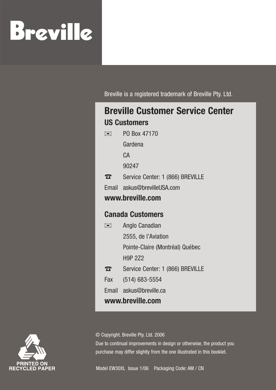 Breville EW30XL User Manual | 122 pages