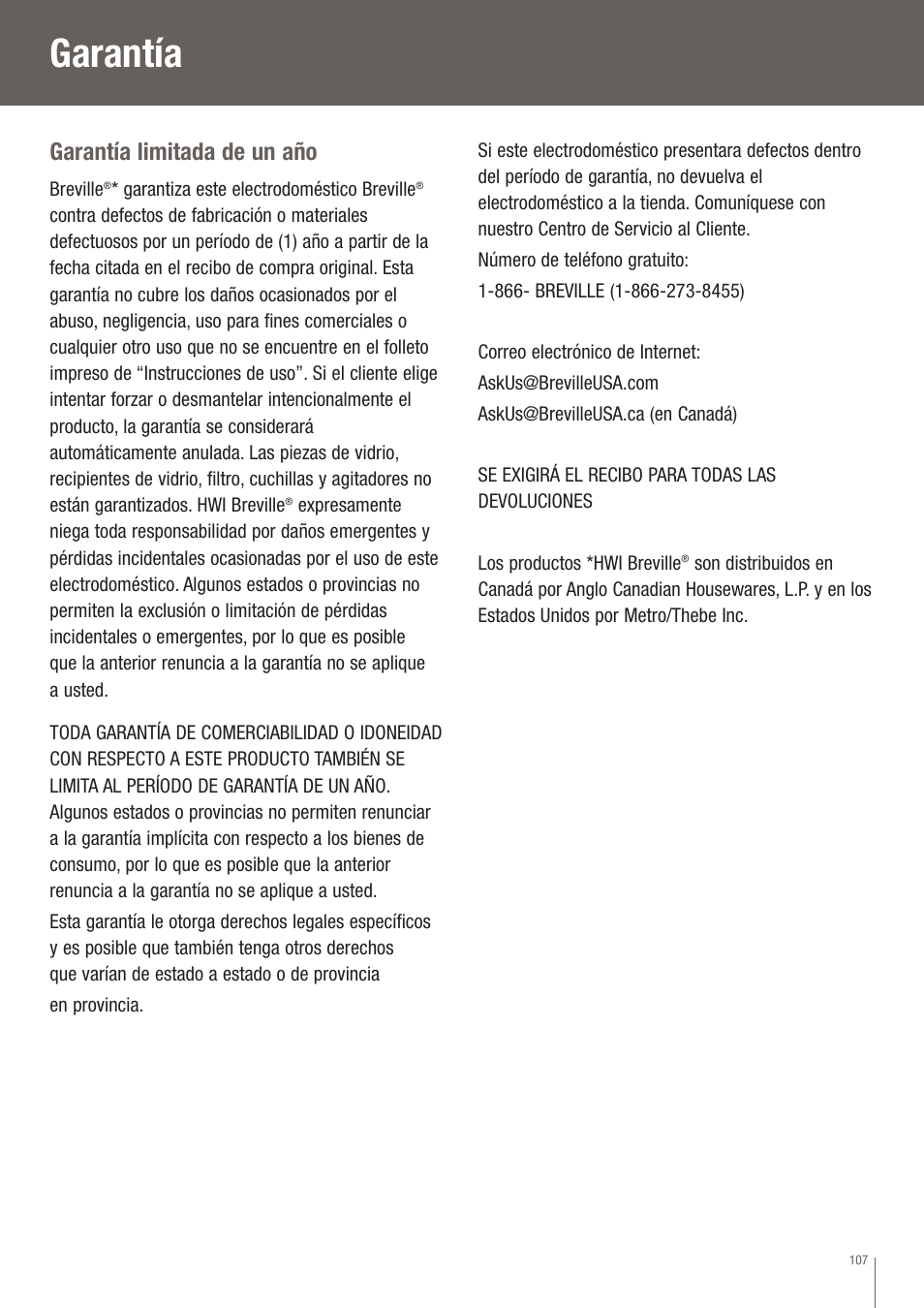 Garantía, Garantía limitada de un año | Breville EW30XL User Manual | Page 108 / 122