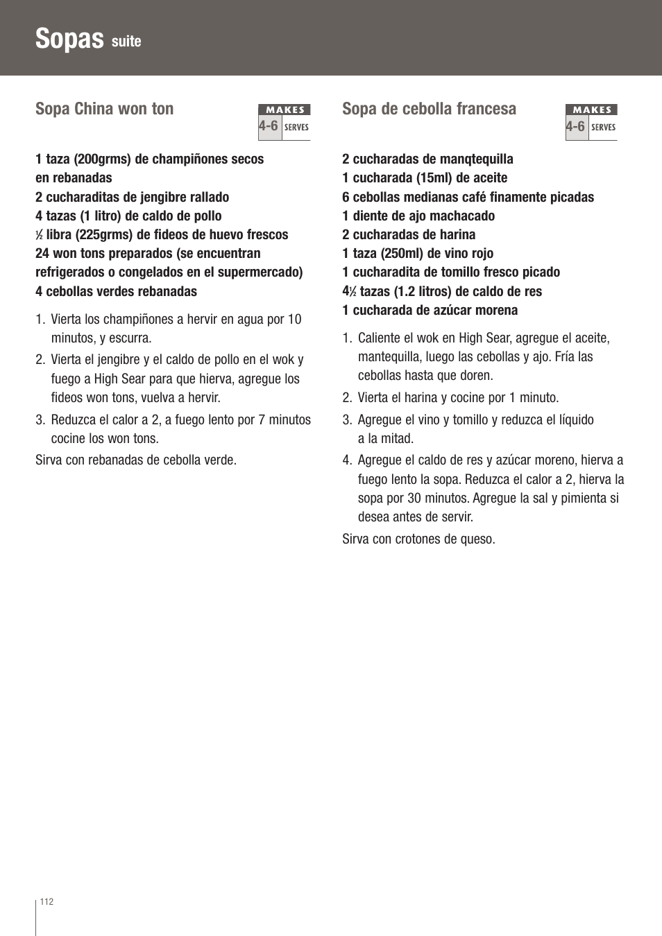 Sopas, Sopa china won ton, Sopa de cebolla francesa | Breville EW30XL User Manual | Page 113 / 122