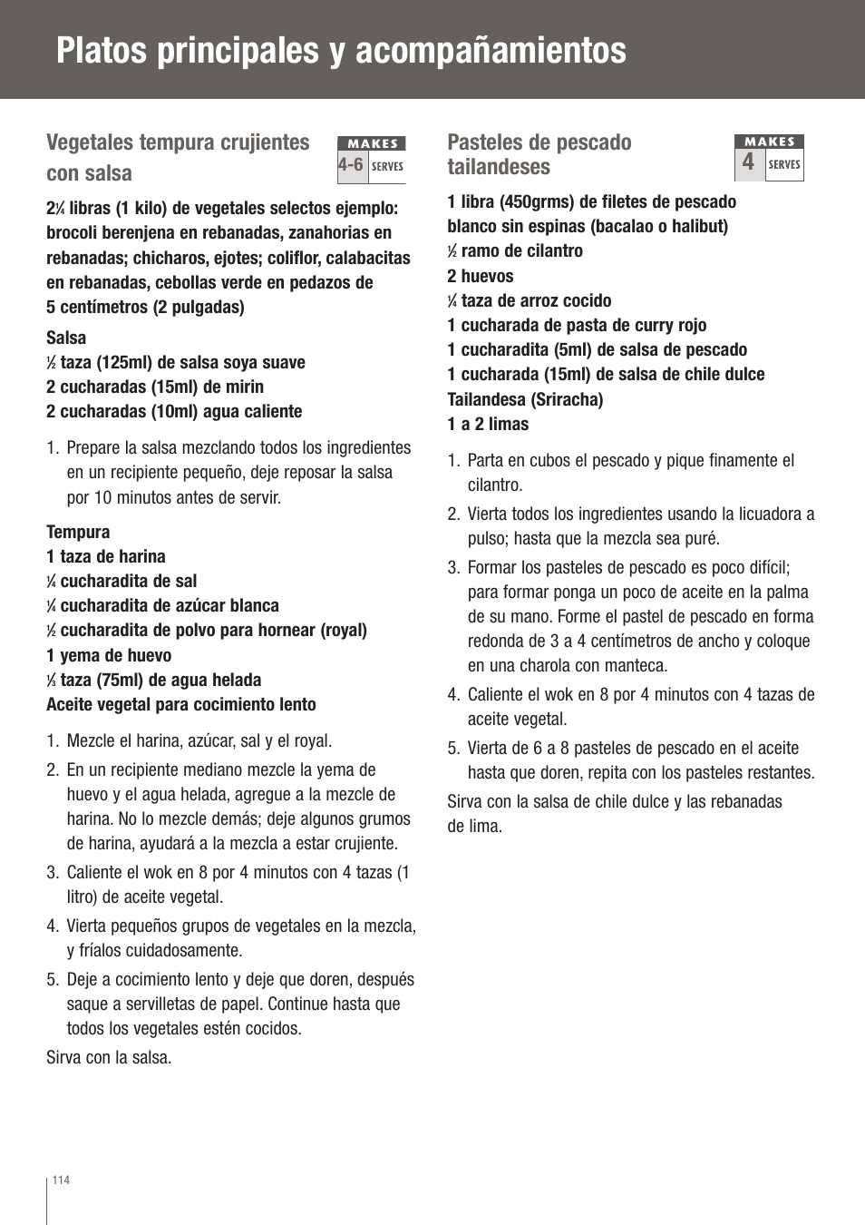 Platos principales y acompañamientos, Vegetales tempura crujientes con salsa, Pasteles de pescado tailandeses | Breville EW30XL User Manual | Page 115 / 122