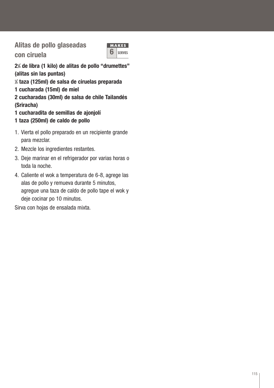 Alitas de pollo glaseadas con ciruela | Breville EW30XL User Manual | Page 116 / 122