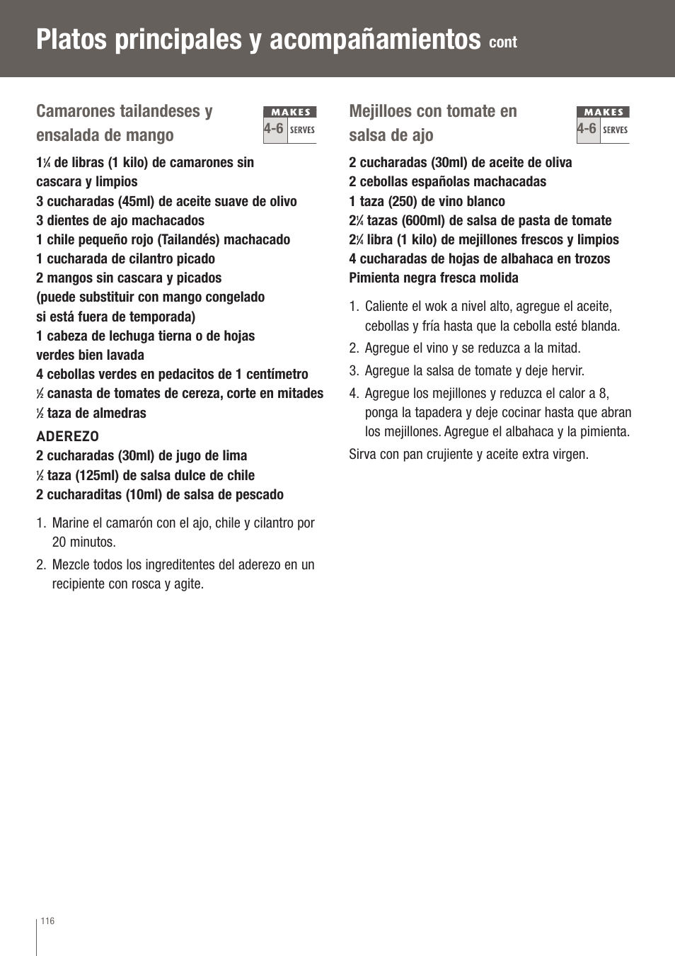 Platos principales y acompañamientos, Camarones tailandeses y ensalada de mango, Mejilloes con tomate en salsa de ajo | Cont | Breville EW30XL User Manual | Page 117 / 122