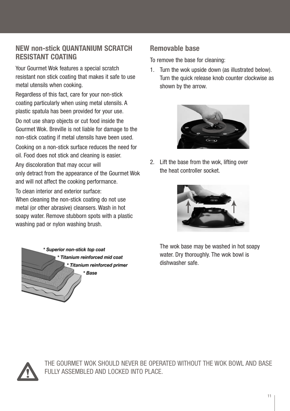 New non-stick quantanium scratch resistant coating, Removable base | Breville EW30XL User Manual | Page 12 / 122