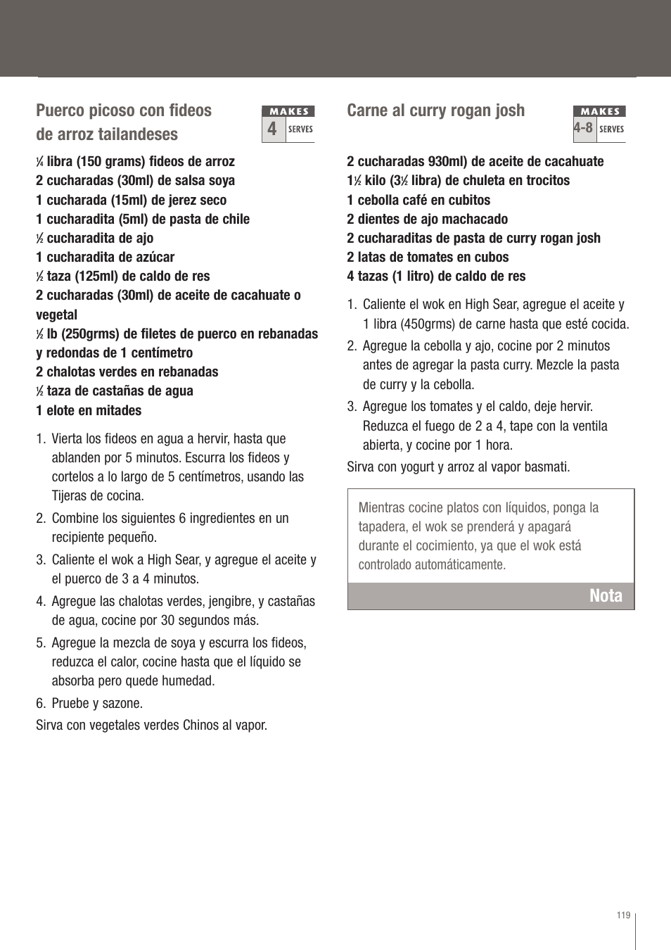 Nota, Puerco picoso con fideos de arroz tailandeses, Carne al curry rogan josh | Breville EW30XL User Manual | Page 120 / 122