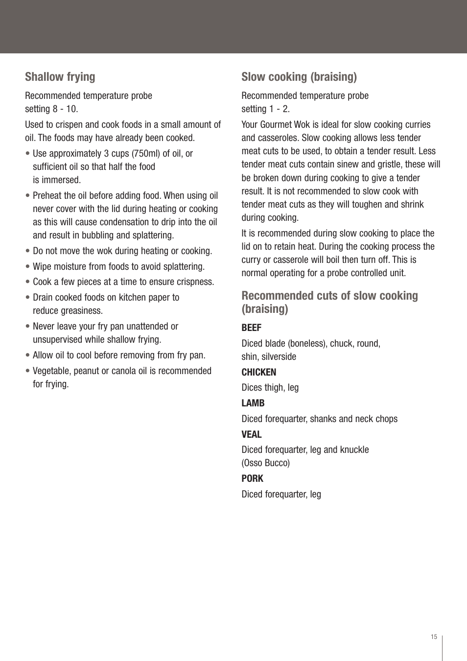 Shallow frying, Slow cooking (braising), Recommended cuts of slow cooking (braising) | Breville EW30XL User Manual | Page 16 / 122