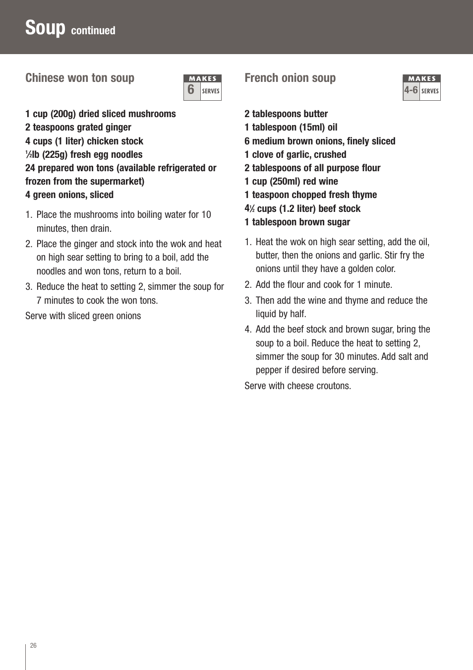 Soup, Chinese won ton soup, French onion soup | Breville EW30XL User Manual | Page 27 / 122