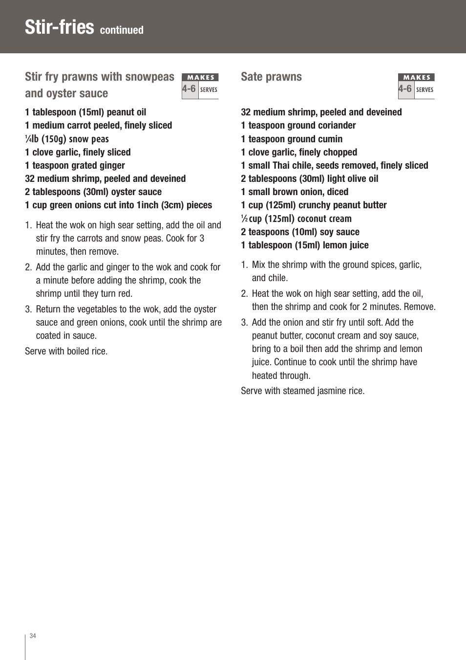 Stir-fries, Stir fry prawns with snowpeas and oyster sauce, Sate prawns | Breville EW30XL User Manual | Page 35 / 122