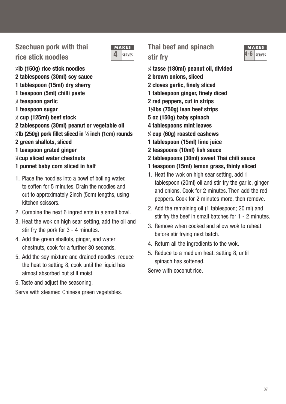 Szechuan pork with thai rice stick noodles, Thai beef and spinach stir fry | Breville EW30XL User Manual | Page 38 / 122