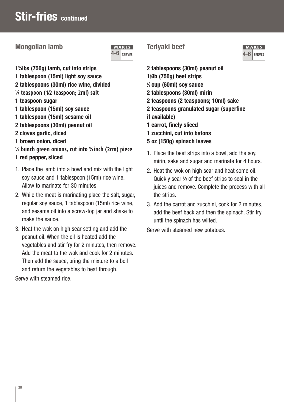 Stir-fries, Mongolian lamb, Teriyaki beef | Continued | Breville EW30XL User Manual | Page 39 / 122