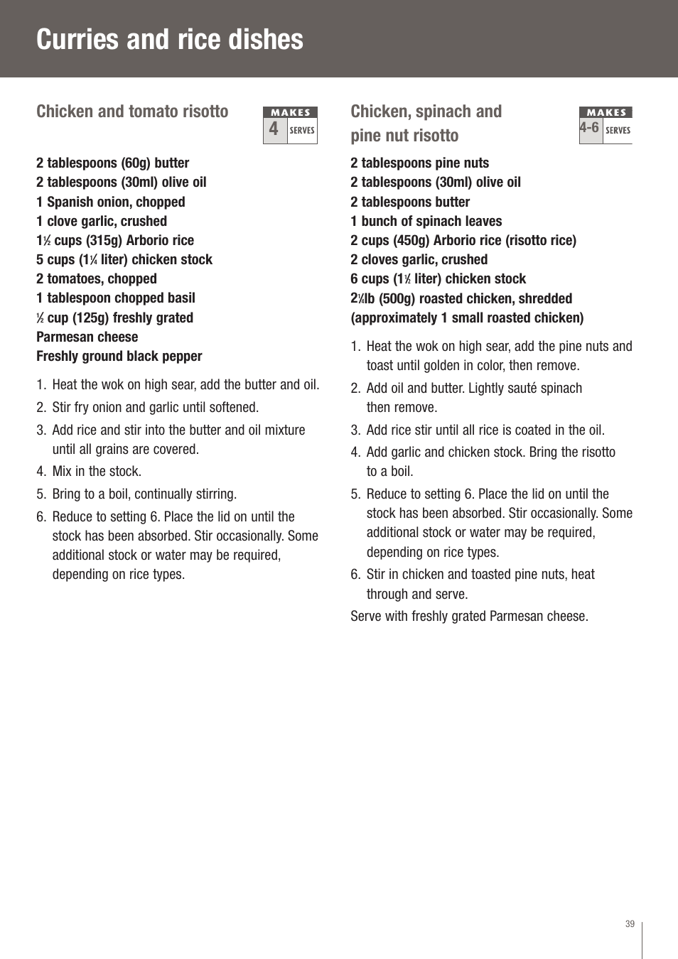 Curries and rice dishes, Chicken and tomato risotto, Chicken, spinach and pine nut risotto | Breville EW30XL User Manual | Page 40 / 122