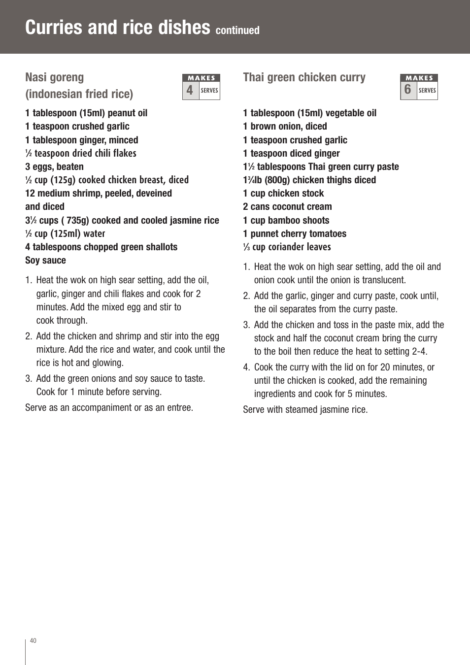 Curries and rice dishes, Nasi goreng (indonesian fried rice), Thai green chicken curry | Continued | Breville EW30XL User Manual | Page 41 / 122