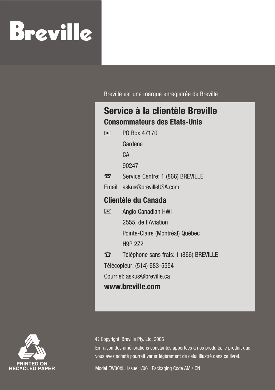 Service à la clientèle breville | Breville EW30XL User Manual | Page 45 / 122