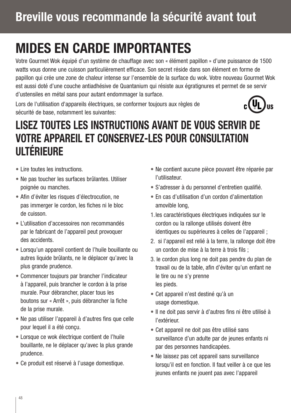 Mides en carde importantes, Breville vous recommande la sécurité avant tout | Breville EW30XL User Manual | Page 49 / 122