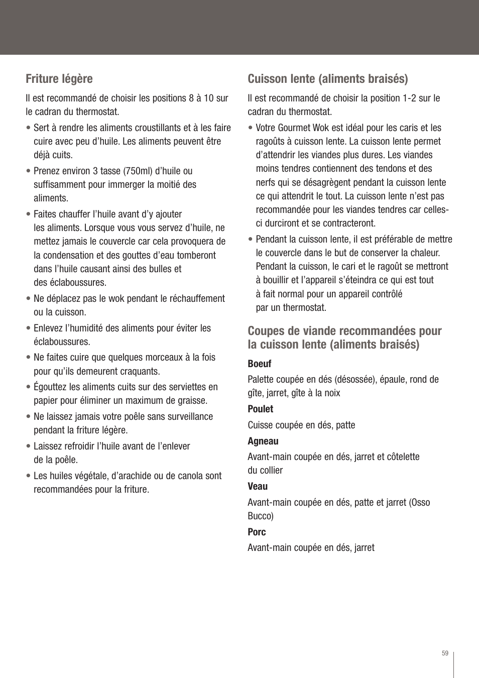 Friture légère, Cuisson lente (aliments braisés) | Breville EW30XL User Manual | Page 60 / 122