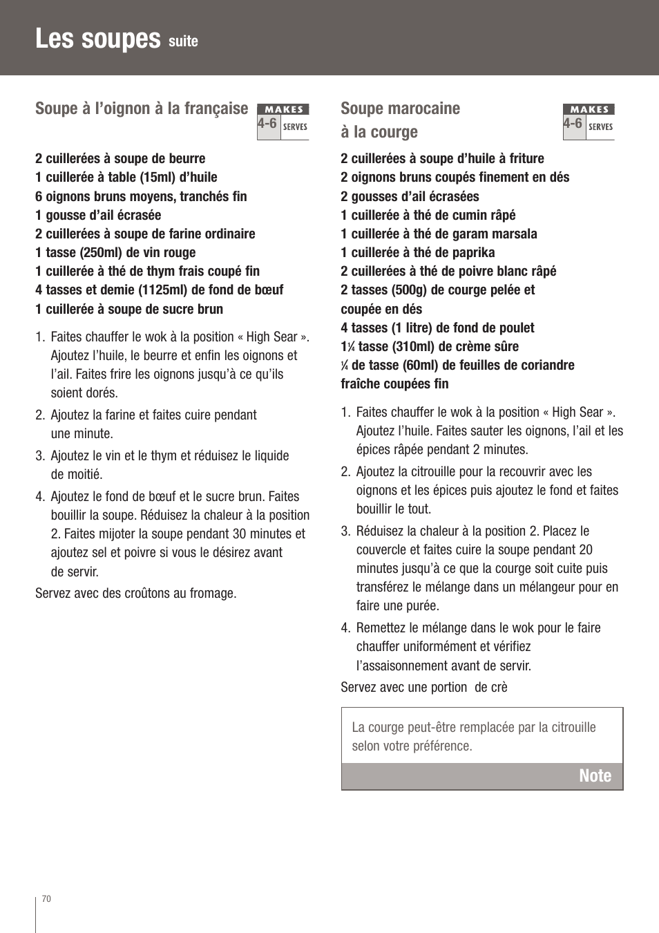 Les soupes, Soupe à l’oignon à la française, Soupe marocaine à la courge | Breville EW30XL User Manual | Page 71 / 122