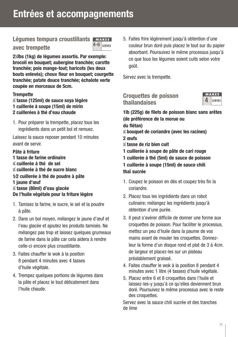 Entrées et accompagnements, Légumes tempura croustillants avec trempette, Croquettes de poisson thailandaises | Breville EW30XL User Manual | Page 72 / 122