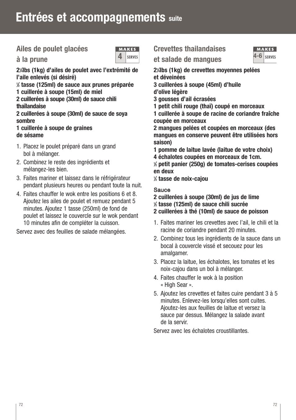 Entrées et accompagnements, Ailes de poulet glacées à la prune, Crevettes thailandaises et salade de mangues | Suite | Breville EW30XL User Manual | Page 73 / 122