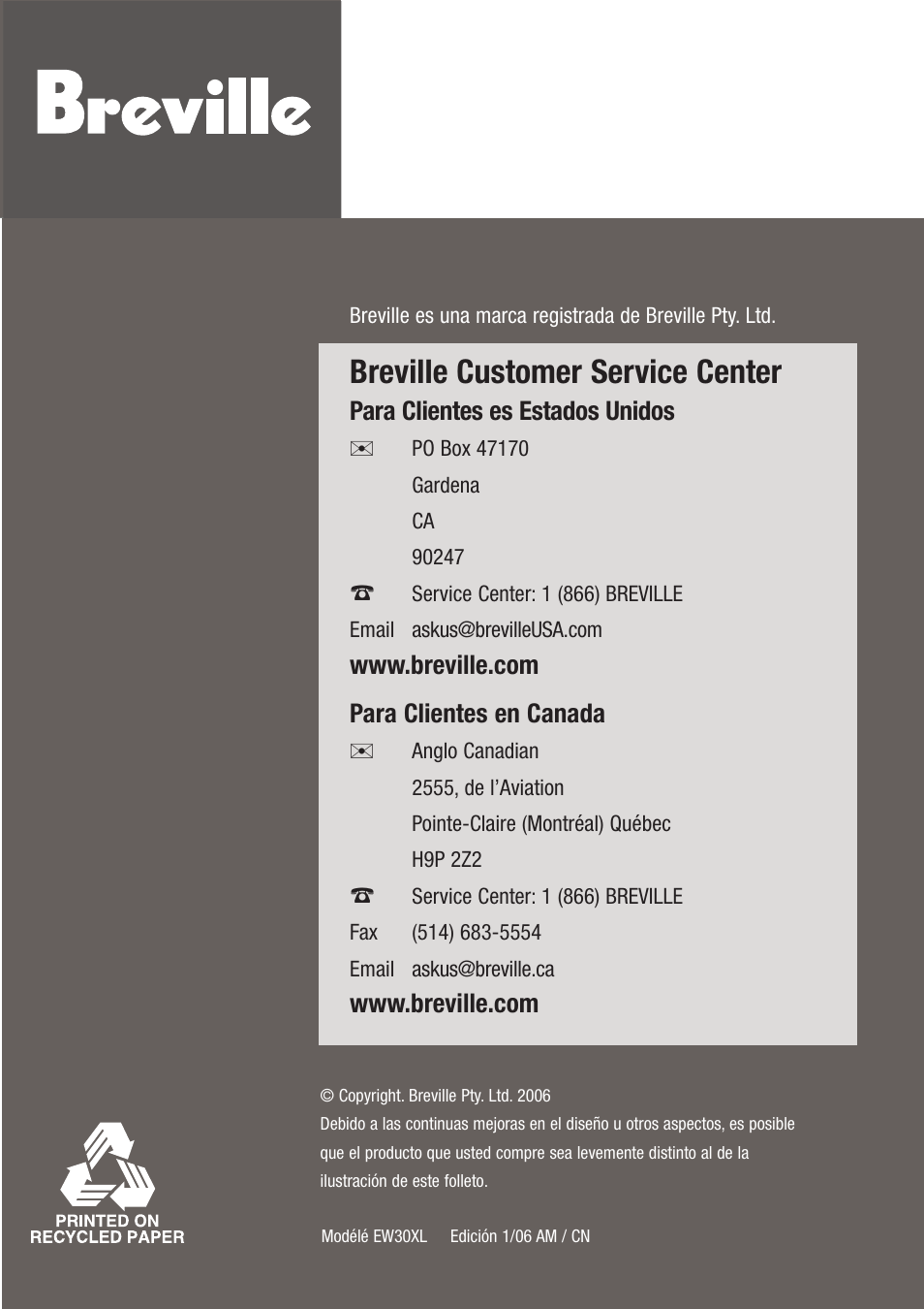 Breville customer service center | Breville EW30XL User Manual | Page 87 / 122