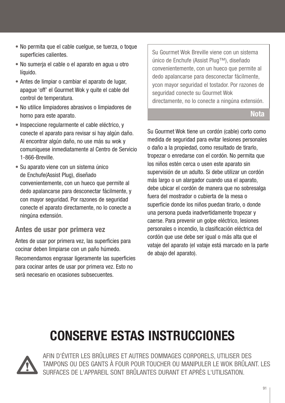 Conserve estas instrucciones, Nota | Breville EW30XL User Manual | Page 92 / 122