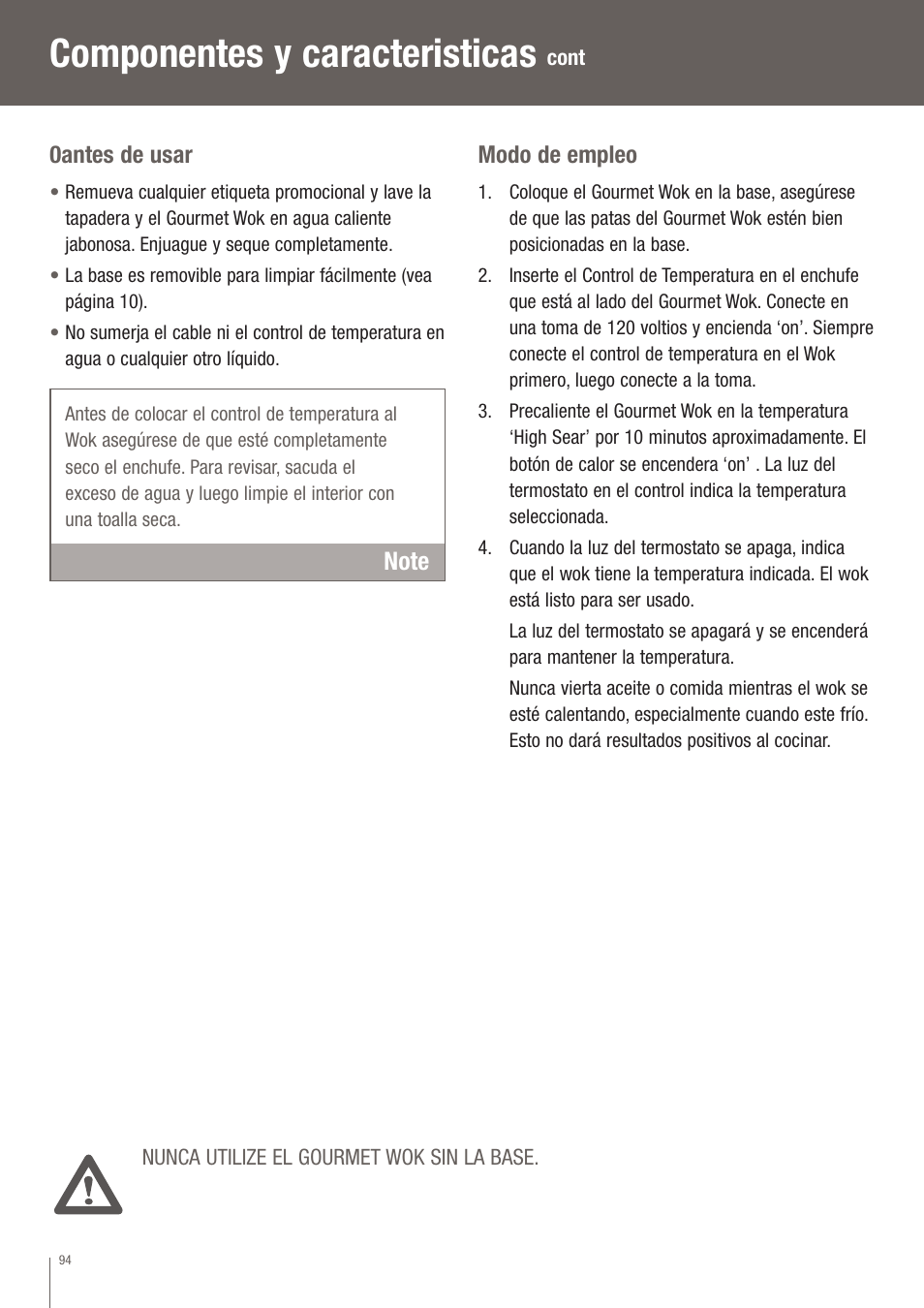 Componentes y caracteristicas | Breville EW30XL User Manual | Page 95 / 122