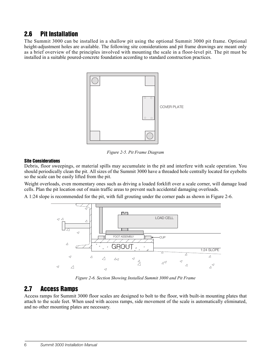 6 pit installation, Figure 2-5. pit frame diagram, Site considerations | 7 access ramps, Grout | Rice Lake Summit 3000 Low-Profile Package User Manual | Page 10 / 20