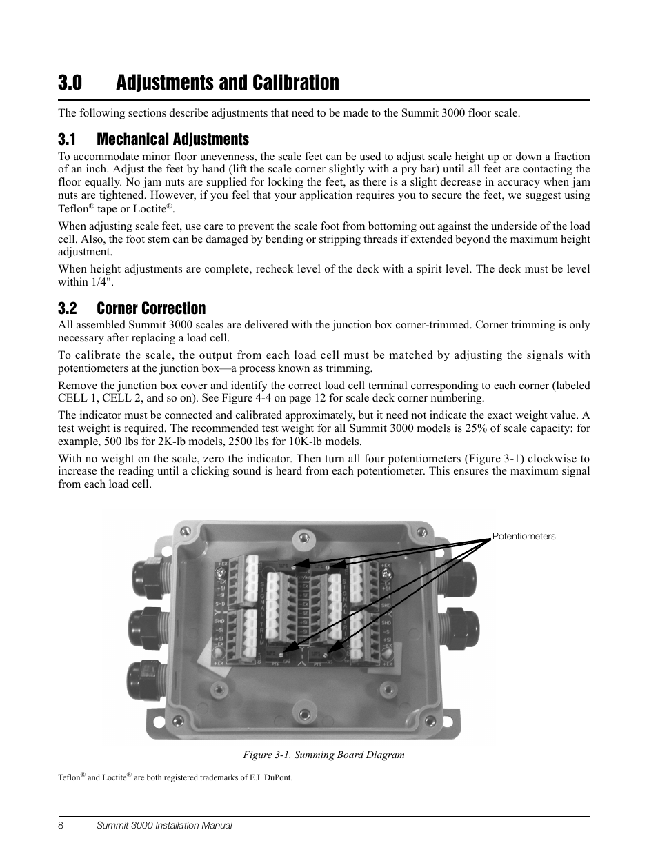 0 adjustments and calibration, 1 mechanical adjustments, 2 corner correction | Figure 3-1. summing board diagram | Rice Lake Summit 3000 Low-Profile Package User Manual | Page 12 / 20
