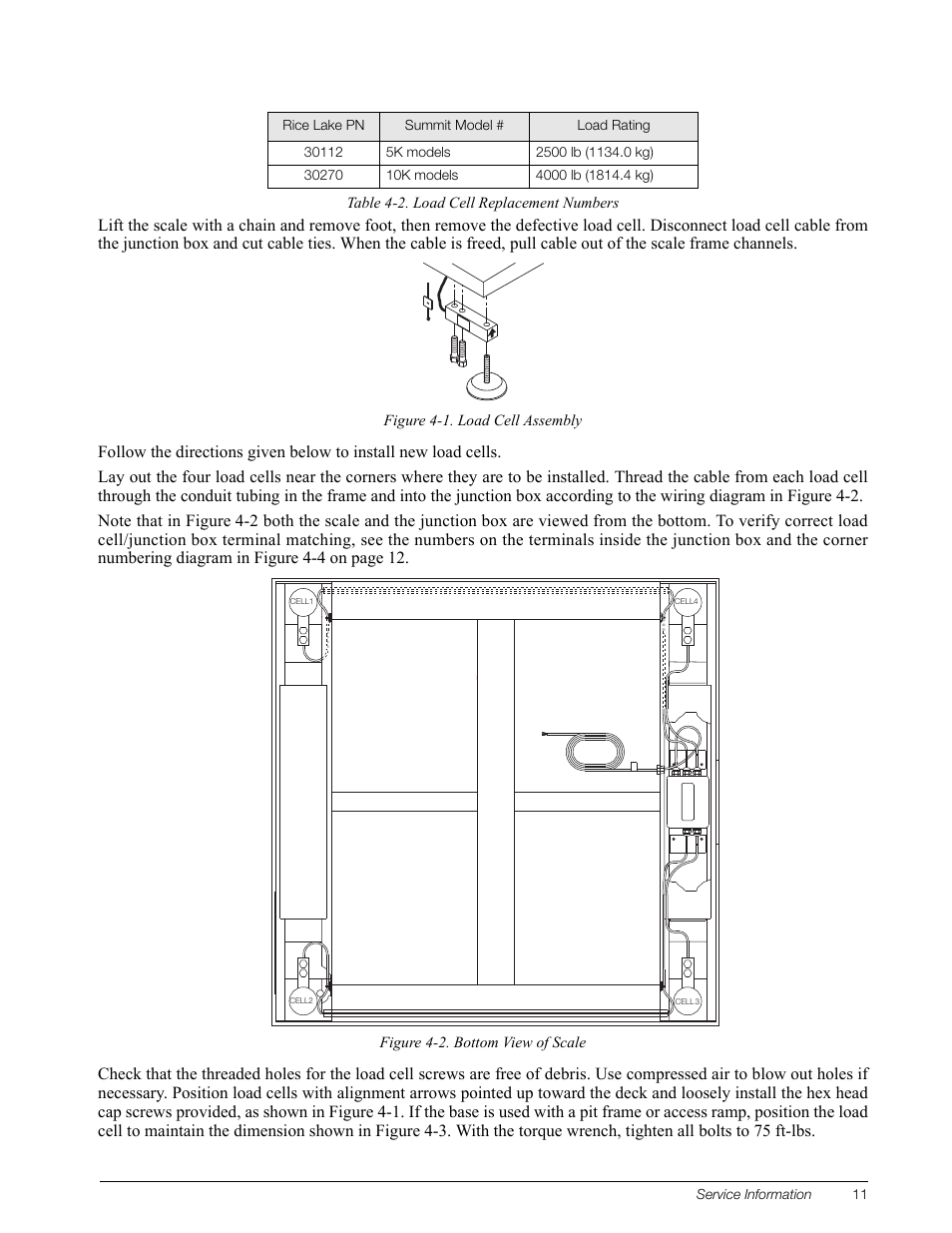 Figure 4-1. load cell assembly, Figure 4-2. bottom view of scale | Rice Lake Summit 3000 Low-Profile Package User Manual | Page 15 / 20